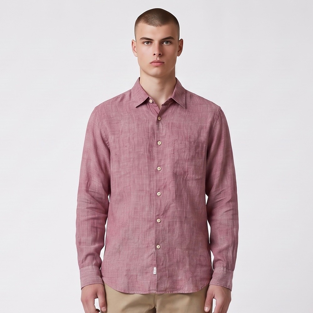 Uniqlo Linen Button Down Shirt Mens Small Red Long Sleeve Pocket Heathered